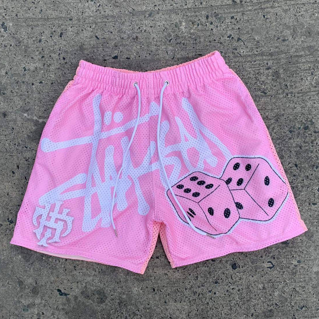 Casual Words Dice Print Mesh Drawstring Shorts