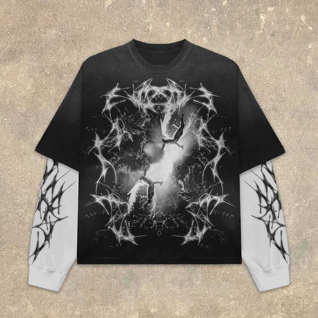 Fake Two Meeting & Separation Print Long Sleeve T-Shirt