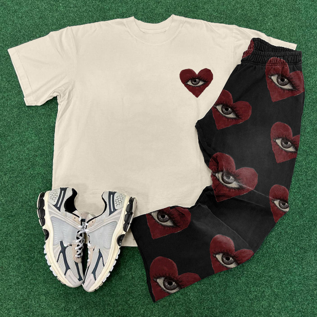 Eyes Heart Print T-Shirt Sweatpants Two Piece Set