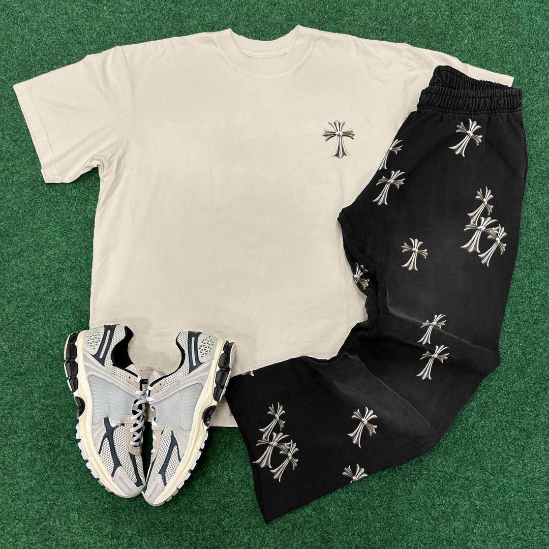 Cross Print T-Shirt Sweatpants Two Piece Set