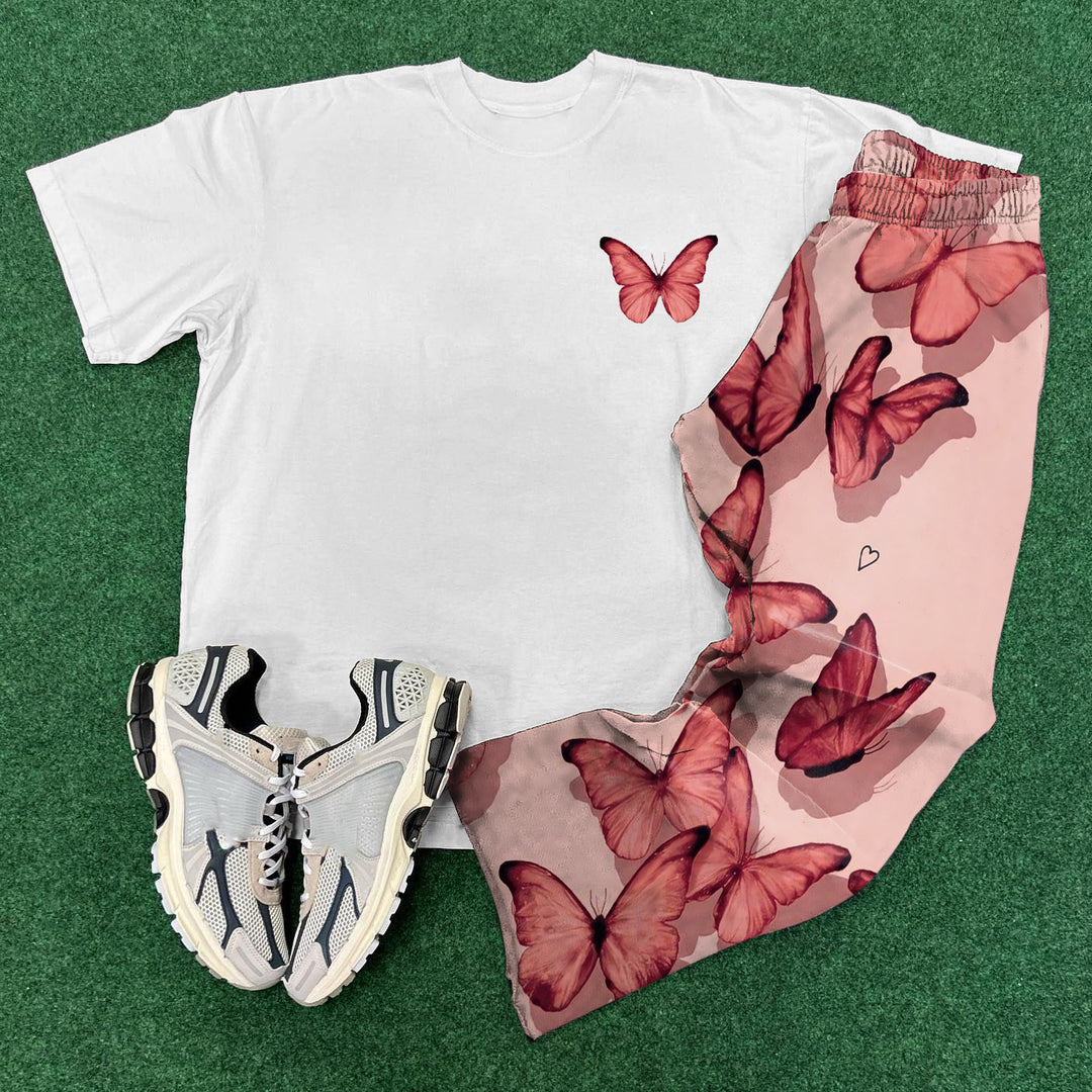 Casual Butterfly Print T-Shirt Sweatpants Two Piece Set