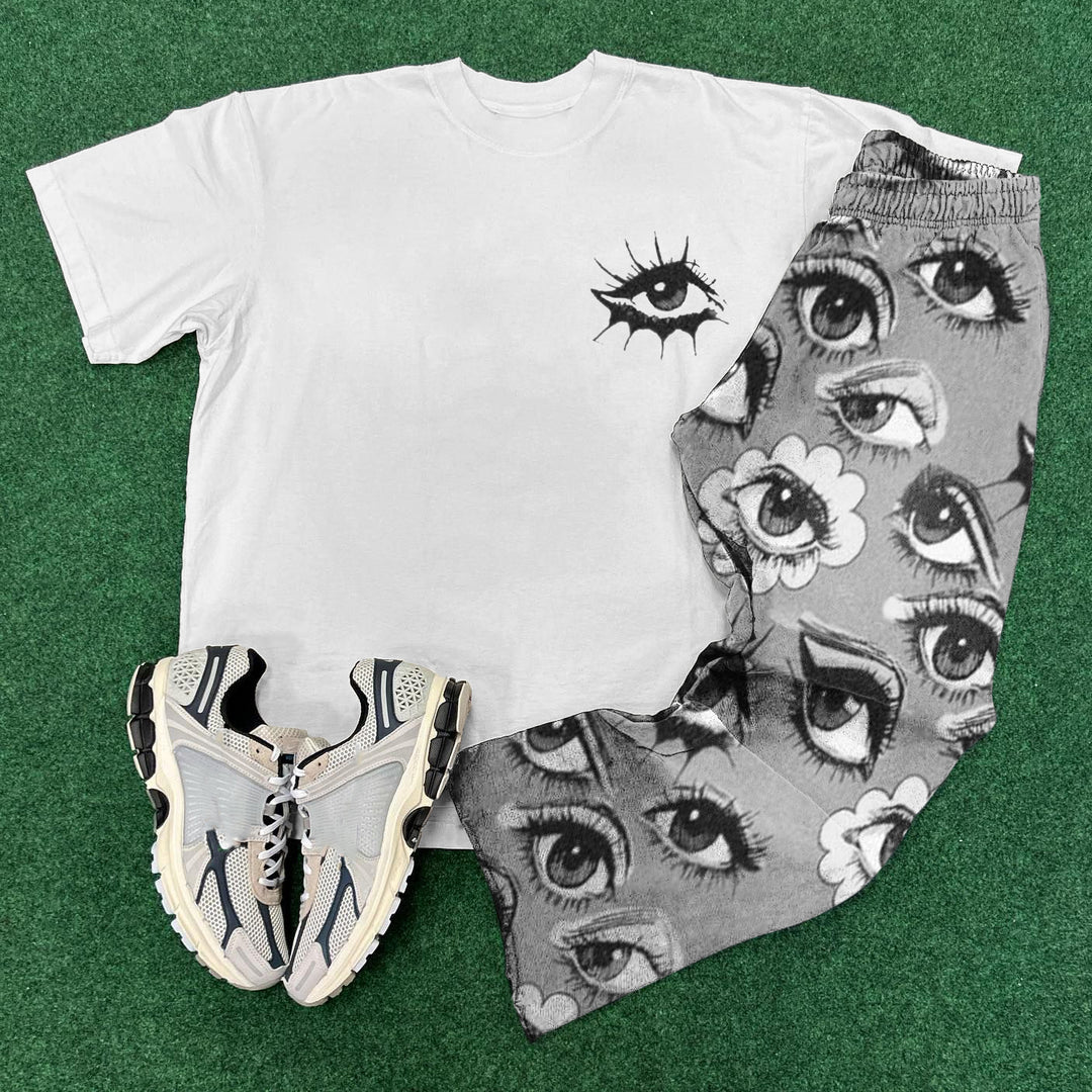 Casual Eyes Print T-Shirt Sweatpants Two Piece Set