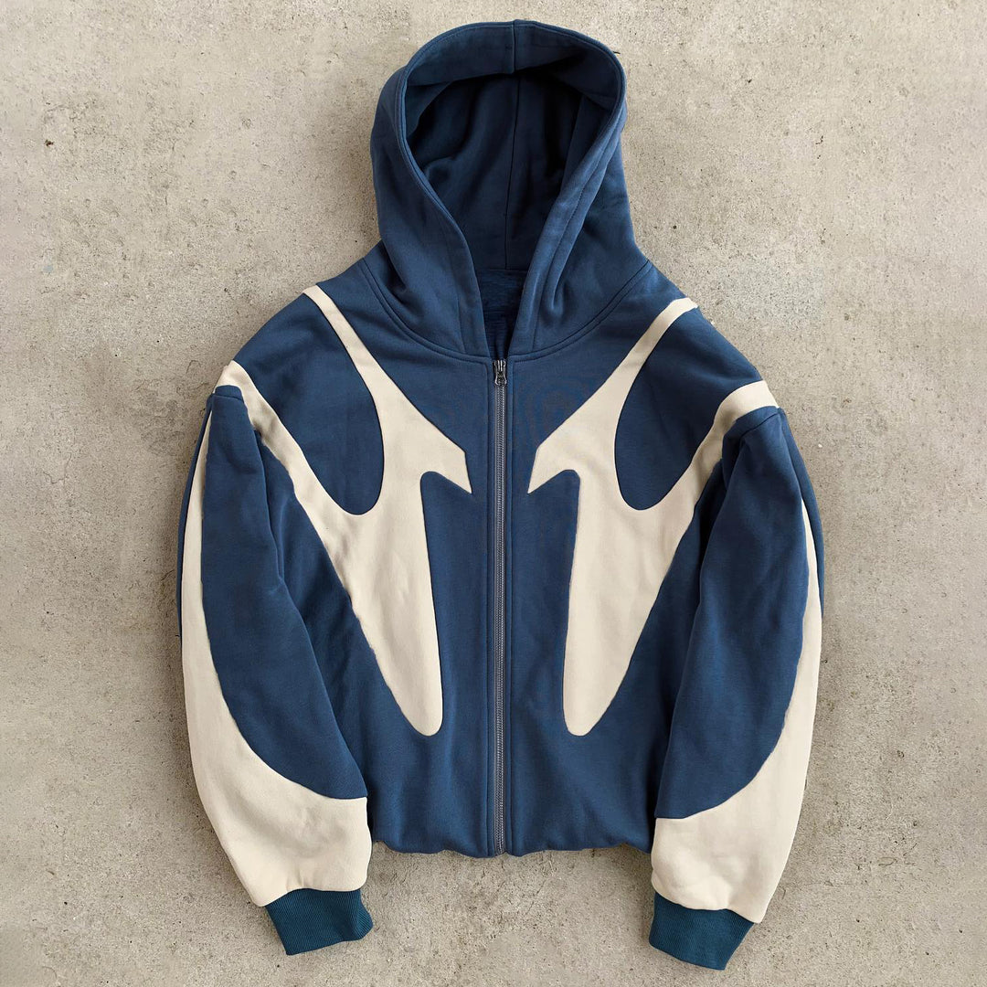 Contrast Color Splicing Print Long Sleeve Zipper Hoodies