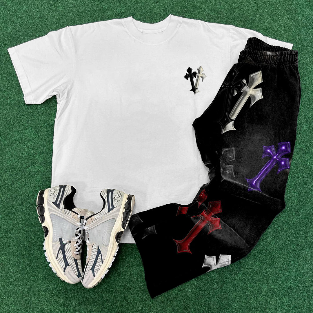Color Cross Print T-Shirt Sweatpants Two Piece Set