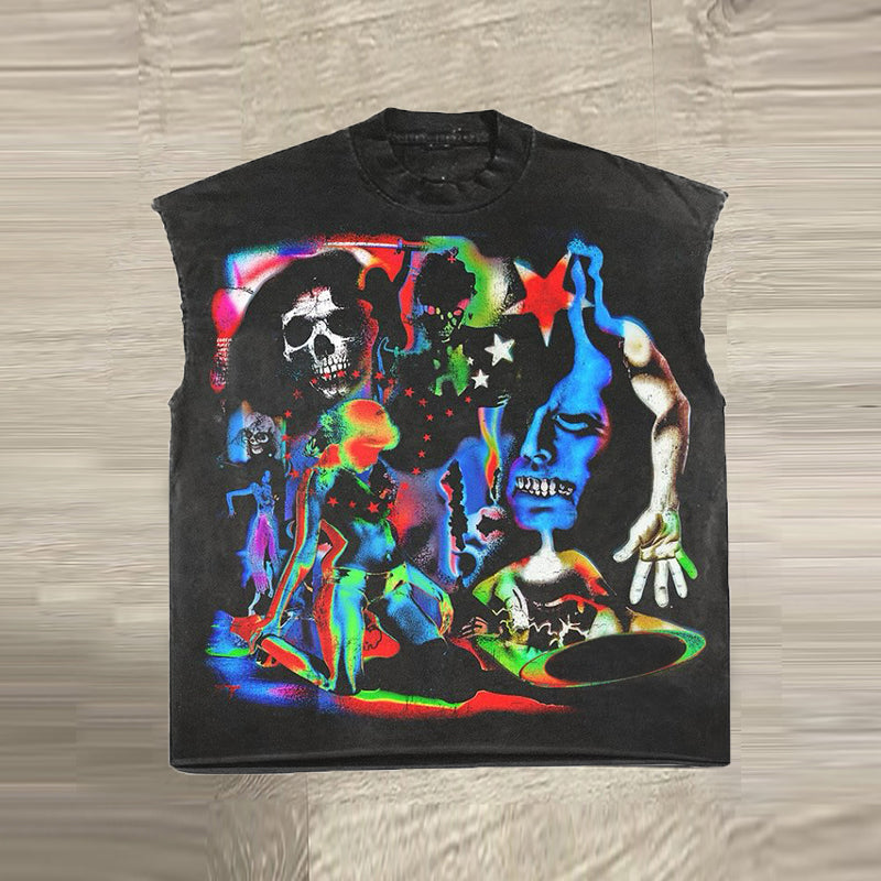 Vintage Skull Distressed Print Vest T-Shirt