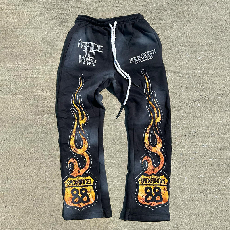 Vintage distressed gradient flame flared pants