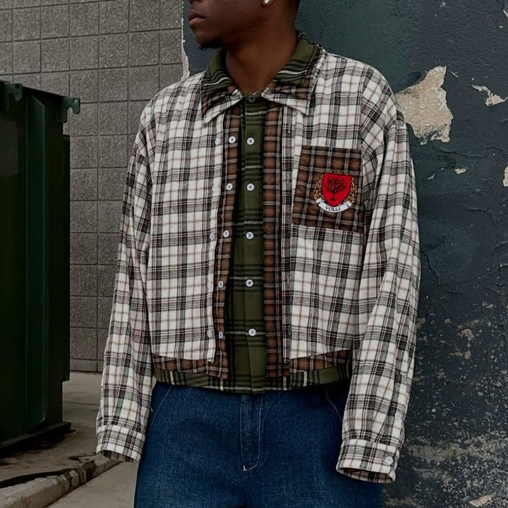 Colorful plaid patchwork casual street retro flannel shirt
