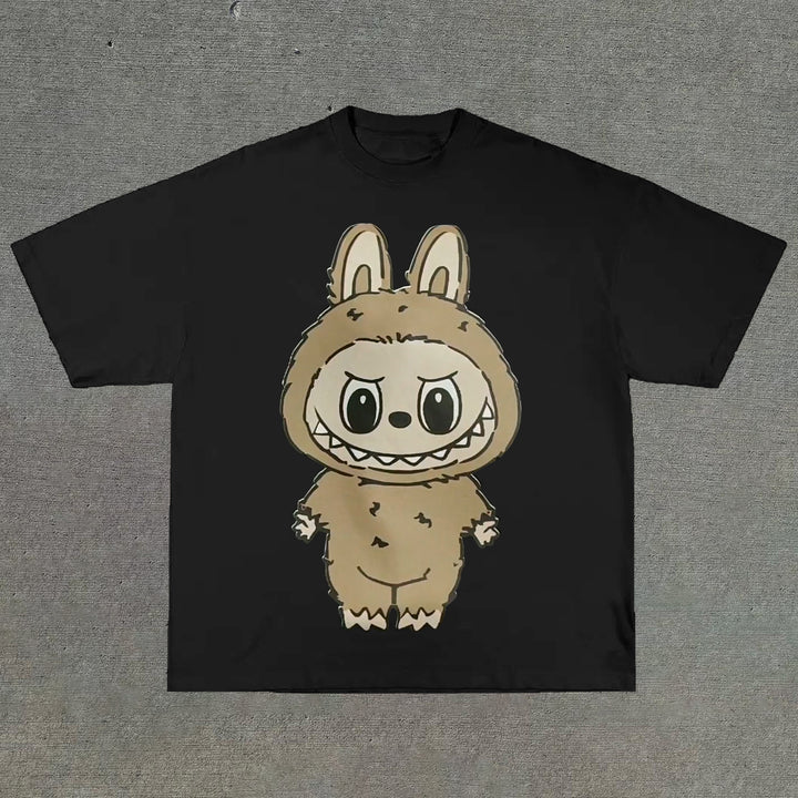 College style cartoon print round neck T-shirt