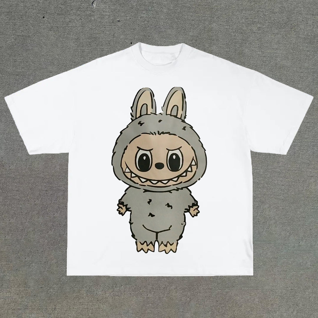 College style cartoon print round neck T-shirt