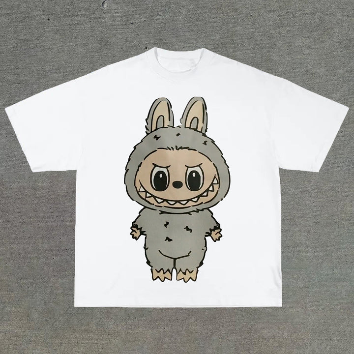 College style cartoon print round neck T-shirt