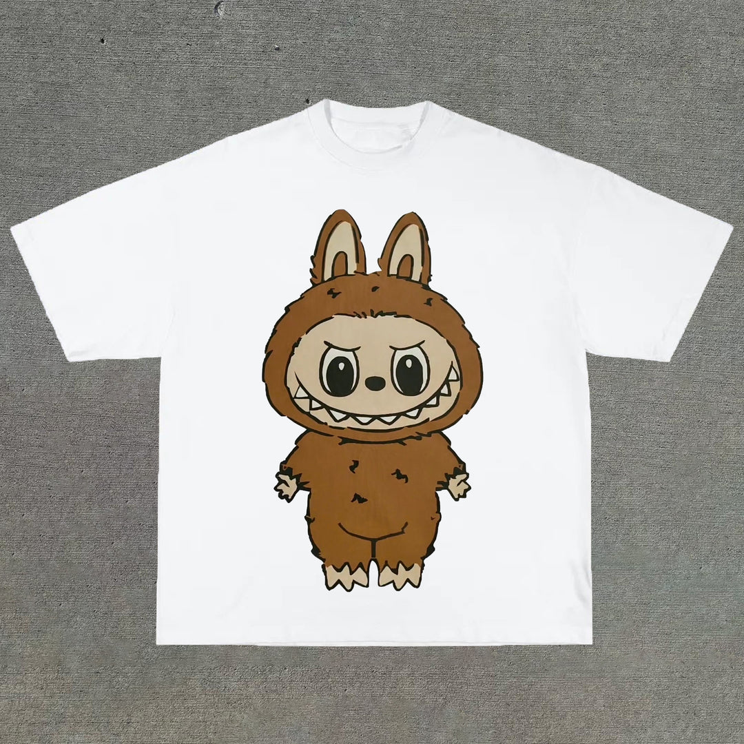 College style cartoon print round neck T-shirt