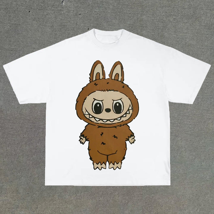 College style cartoon print round neck T-shirt