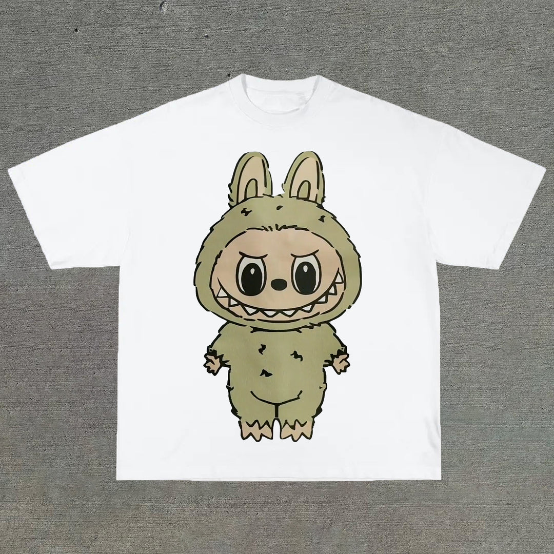 College style cartoon print round neck T-shirt