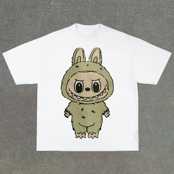 College style cartoon print round neck T-shirt