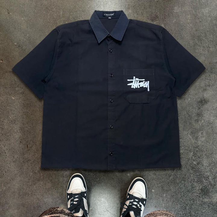 Casual Letters Print Button Short Sleeve Shirt