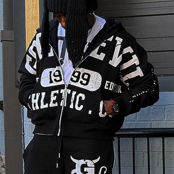 Personalized rhinestone print zip-up hoodie