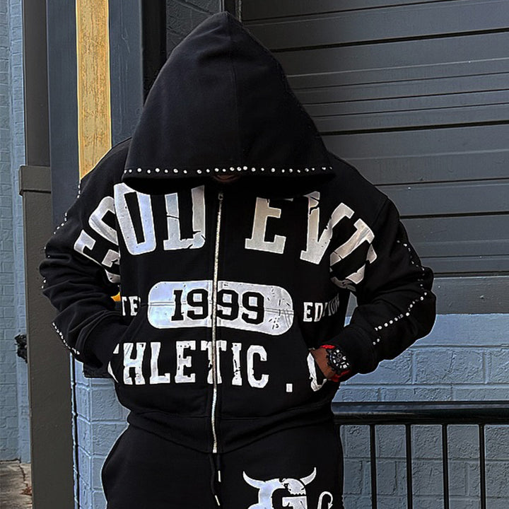 Personalized rhinestone print zip-up hoodie