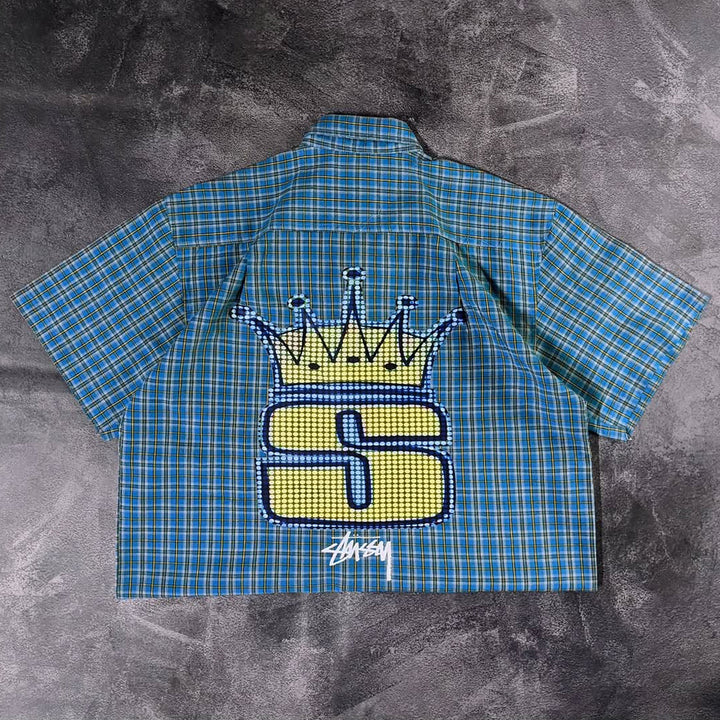 Crown casual street retro plaid work shirt