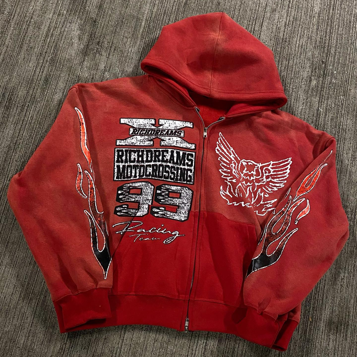 Vintage Statement Flame Zip-Up Hoodie