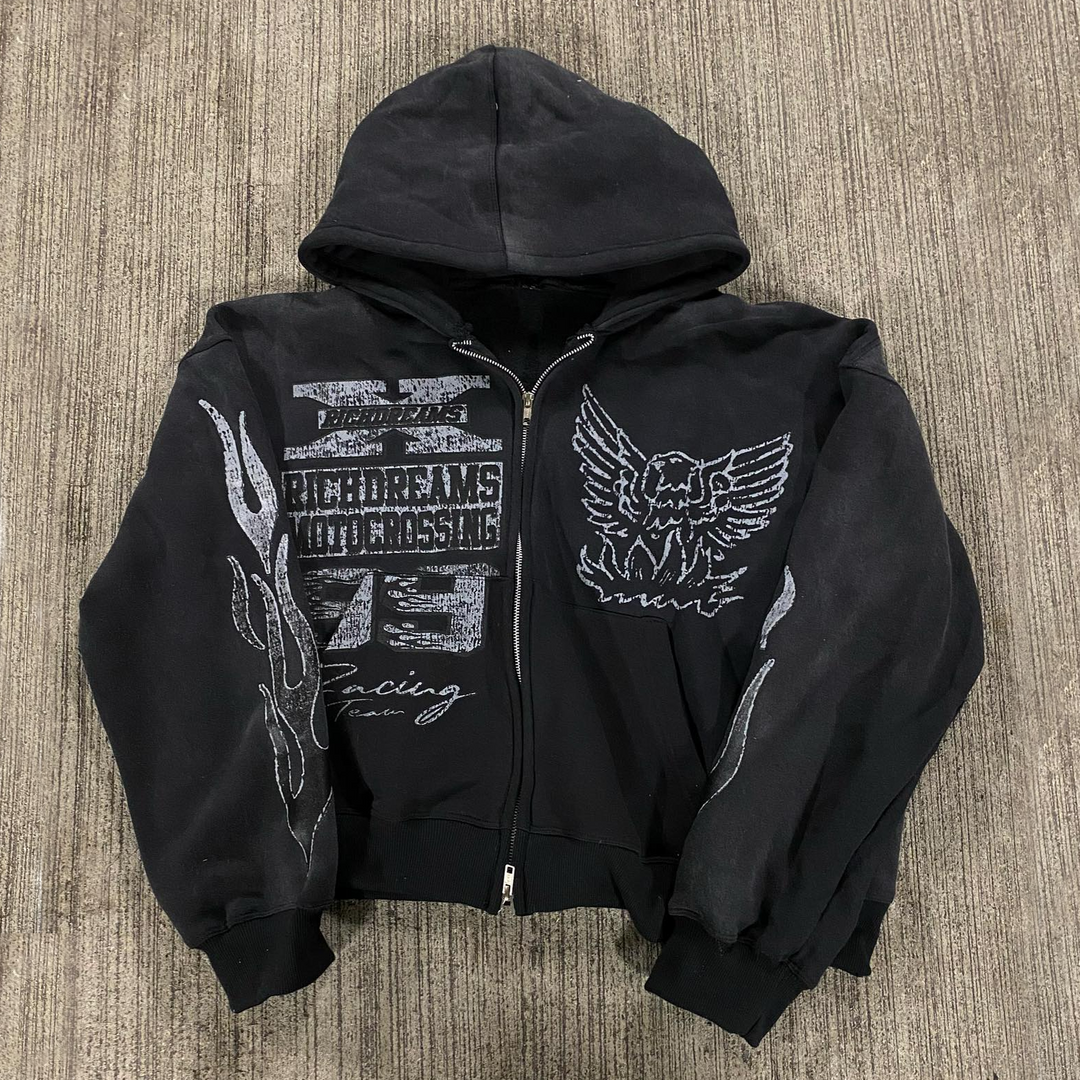 Vintage Statement Flame Zip-Up Hoodie