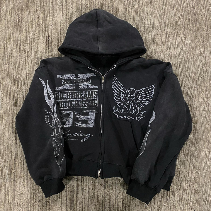 Vintage Statement Flame Zip-Up Hoodie