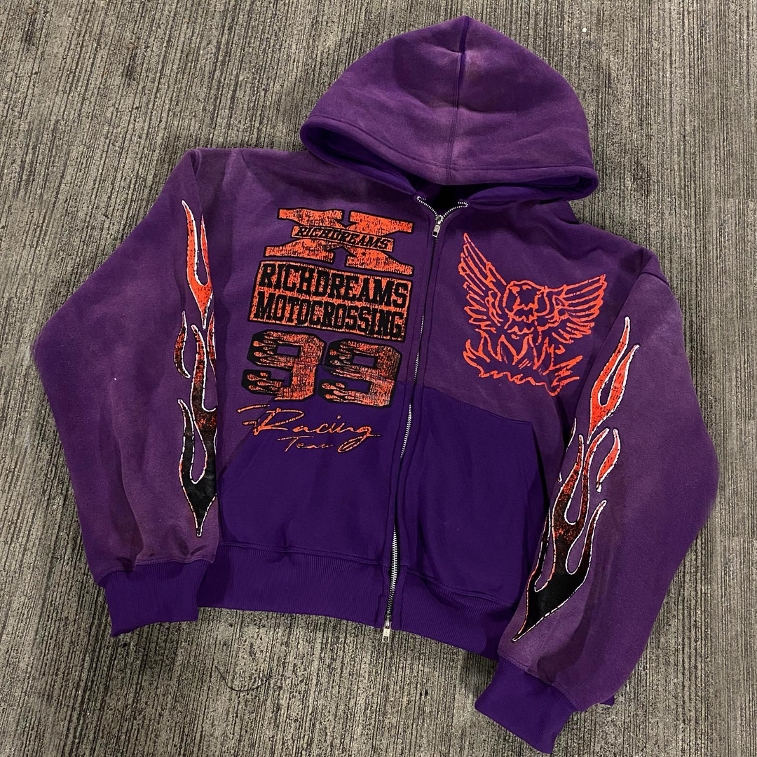 Vintage Statement Flame Zip-Up Hoodie
