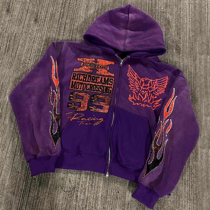 Vintage Statement Flame Zip-Up Hoodie