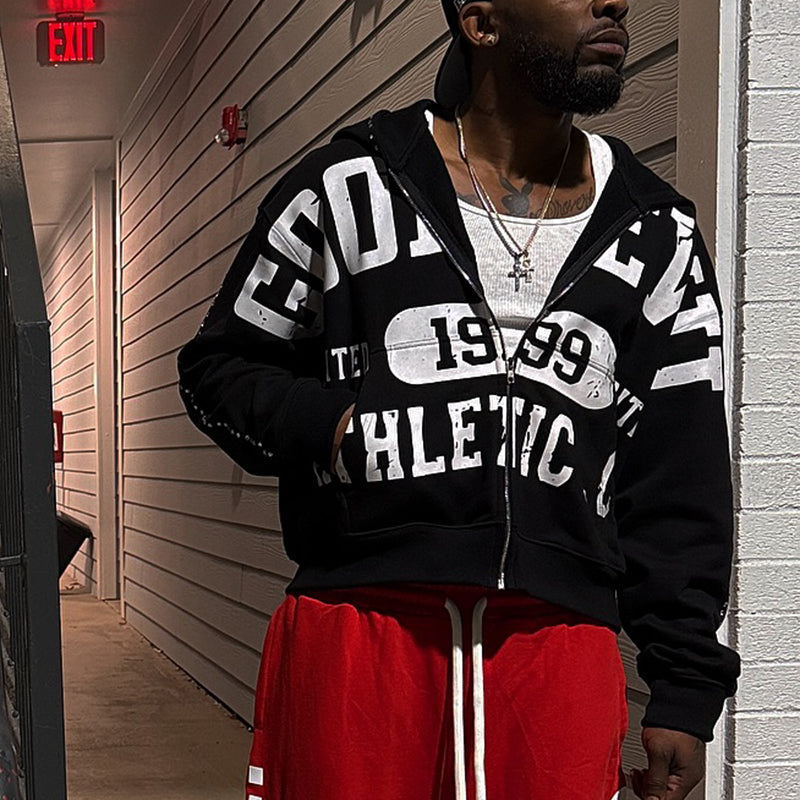 Personalized rhinestone print zip-up hoodie