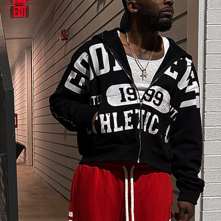 Personalized rhinestone print zip-up hoodie