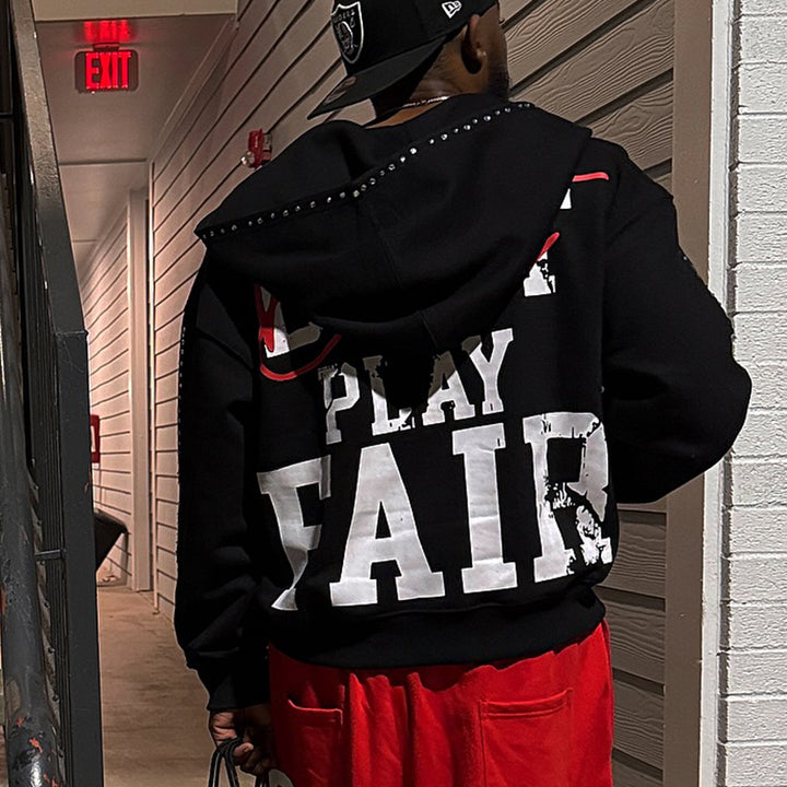 Personalized rhinestone print zip-up hoodie