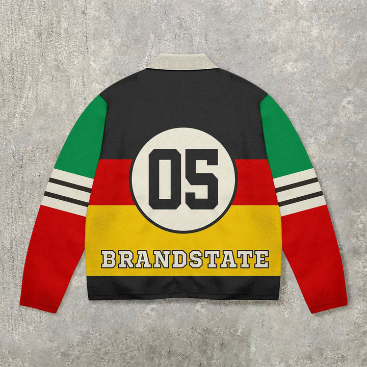 Personalized retro long-sleeved striped contrasting color POLO shirt