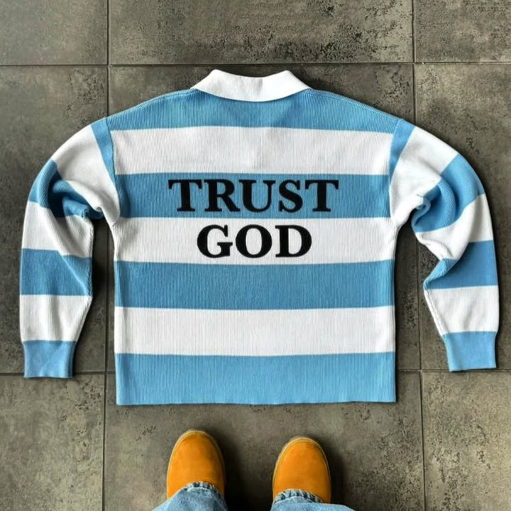 Trust God Casual Street Stripe Retro College Rugby Polo