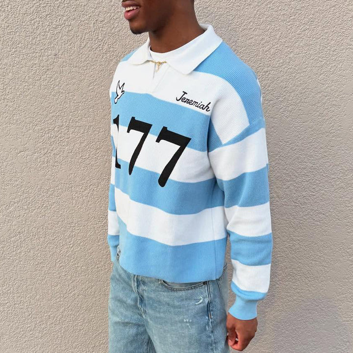 Trust God Casual Street Stripe Retro College Rugby Polo