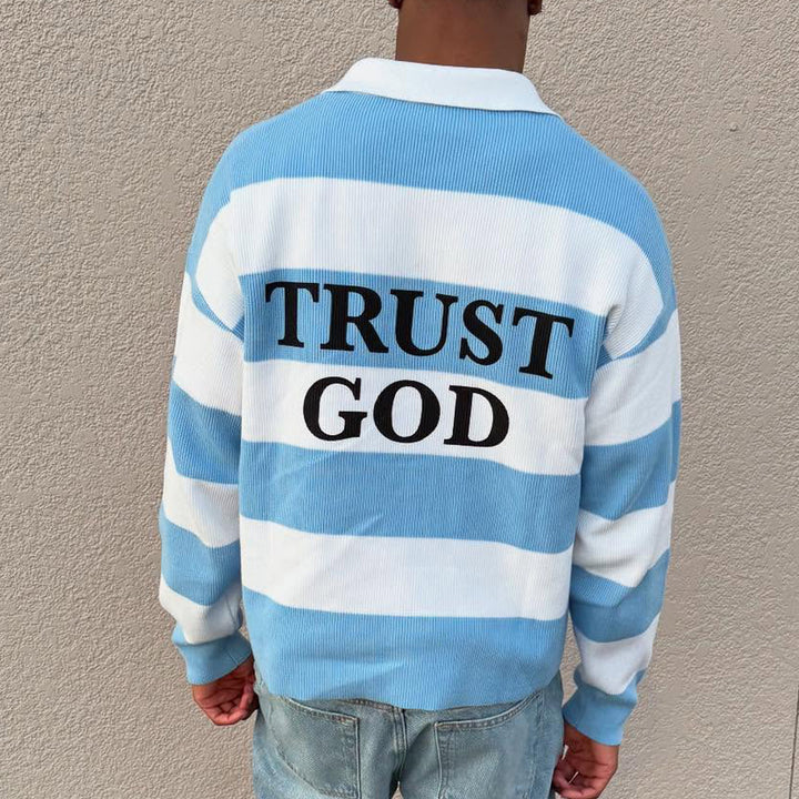 Trust God Casual Street Stripe Retro College Rugby Polo
