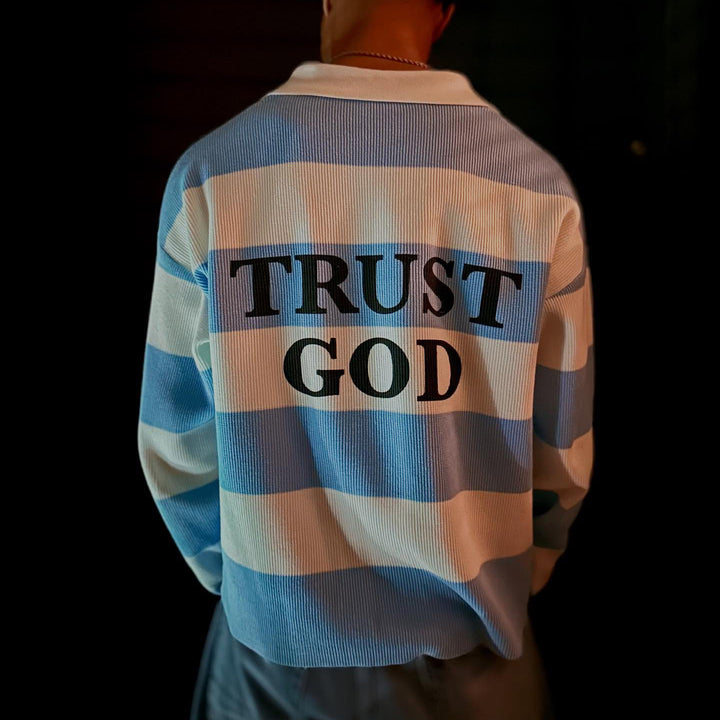 Trust God Casual Street Stripe Retro College Rugby Polo
