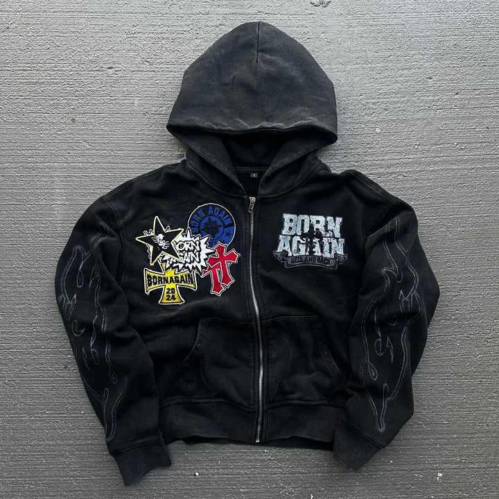 Born Again Print Long Sleeve Zipper Hoodies