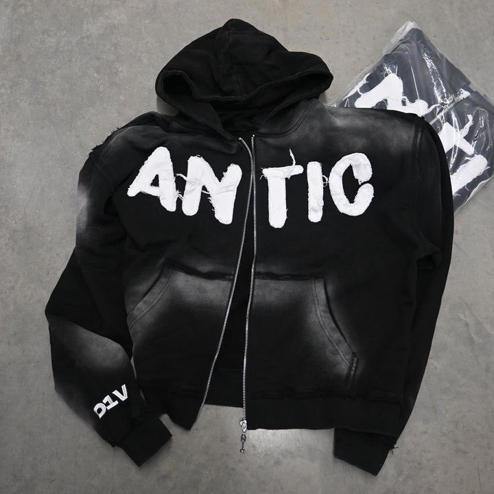 Casual Street Vintage Washed Patch Zip Hoodie