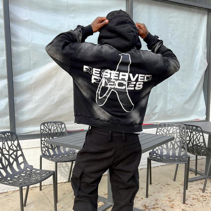 Casual Street Vintage Washed Patch Zip Hoodie