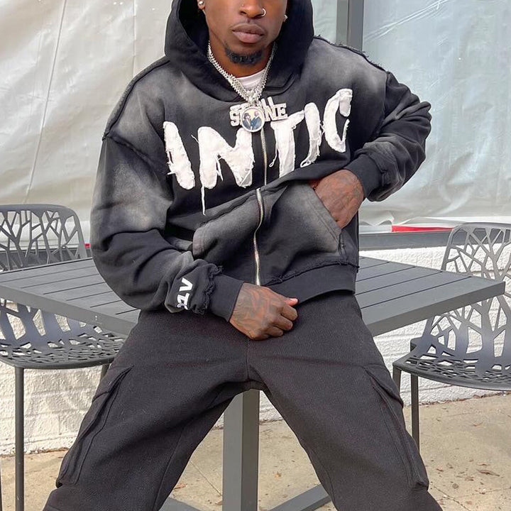 Casual Street Vintage Washed Patch Zip Hoodie