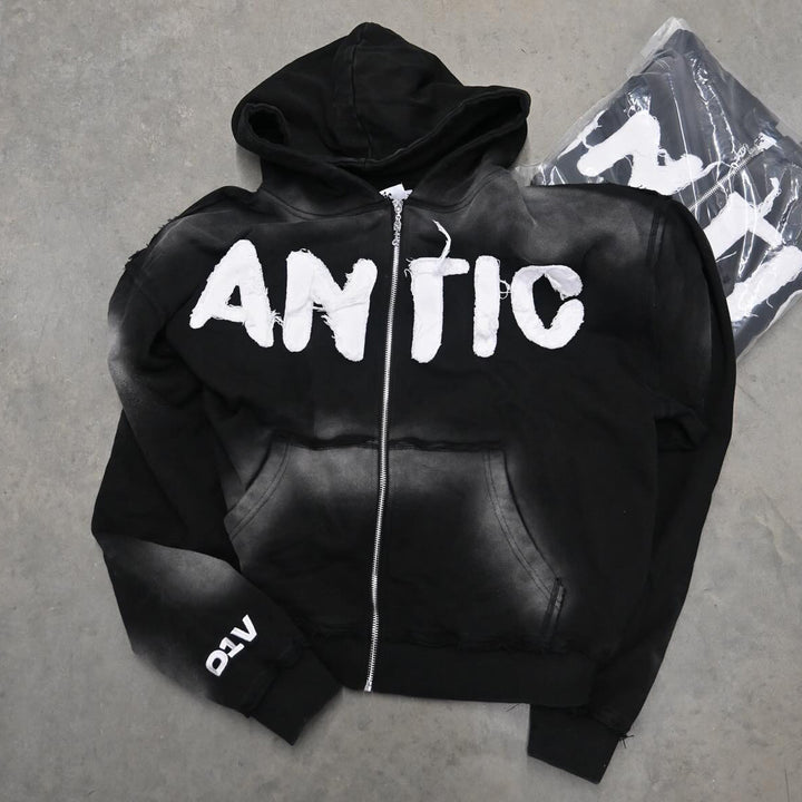 Casual Street Vintage Washed Patch Zip Hoodie