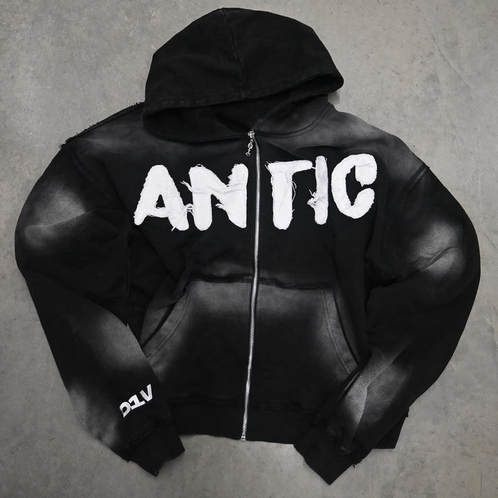 Casual Street Vintage Washed Patch Zip Hoodie