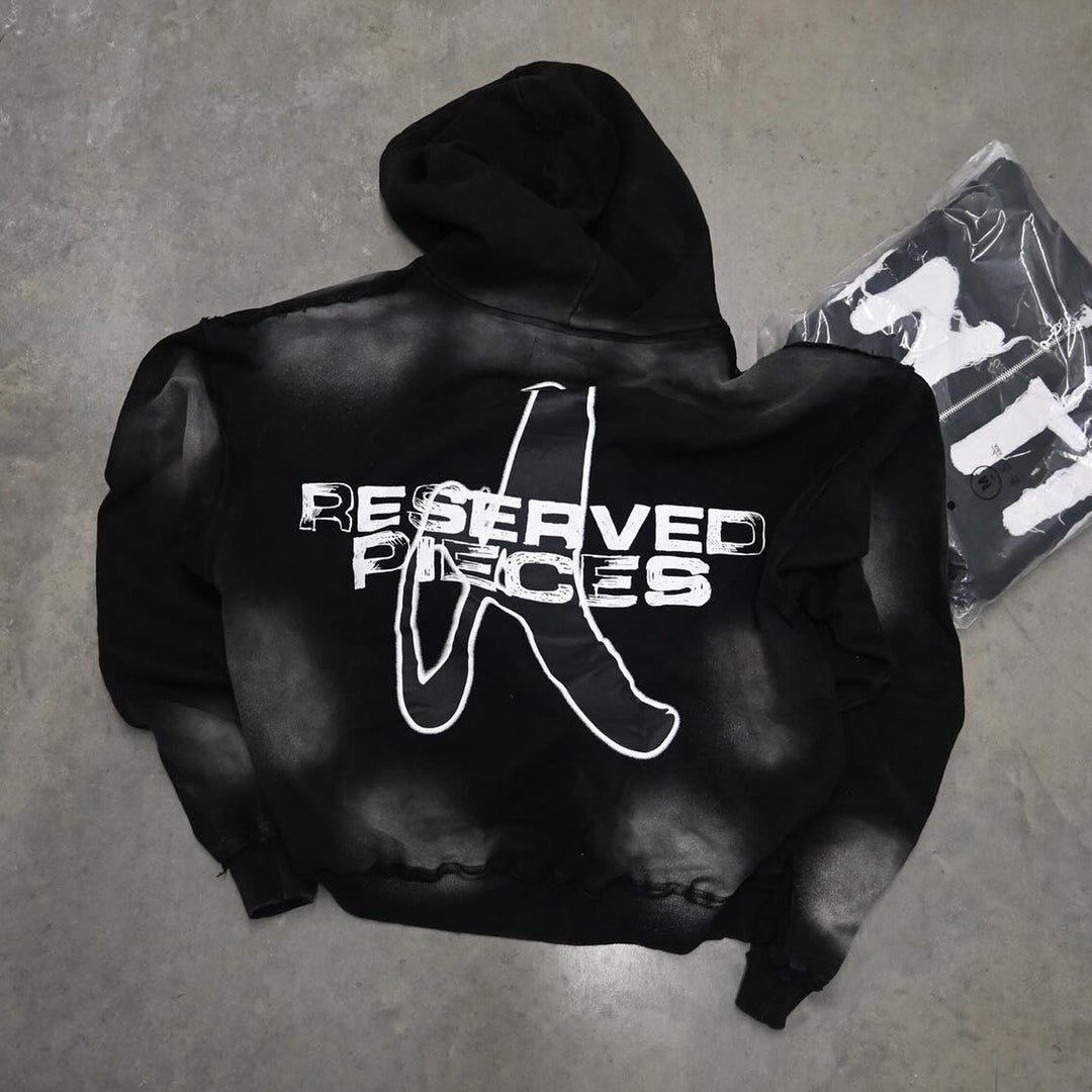 Casual Street Vintage Washed Patch Zip Hoodie