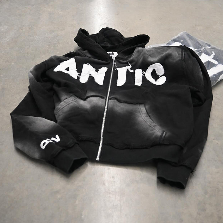 Casual Street Vintage Washed Patch Zip Hoodie
