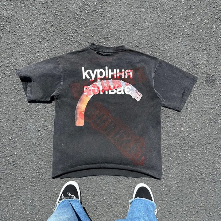 Casual vintage distressed printed T-shirt