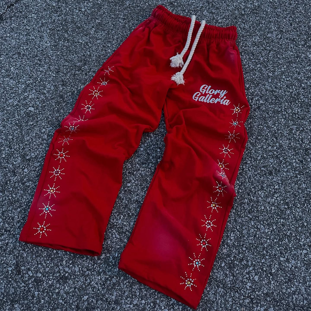Street style rhinestone casual wide-leg pants