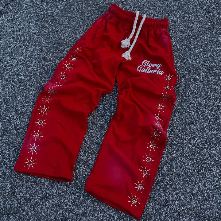 Street style rhinestone casual wide-leg pants