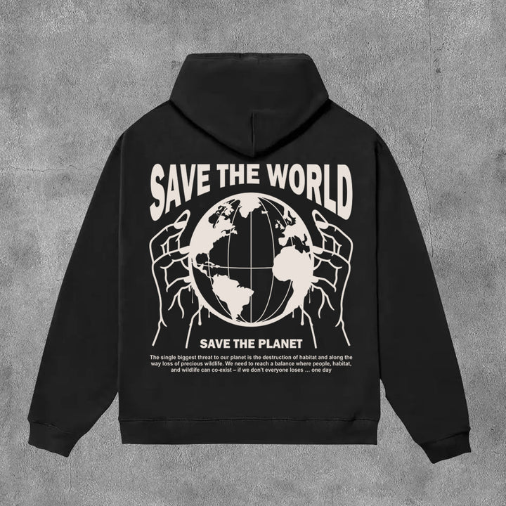 Save The World Print Long Sleeve Hoodies