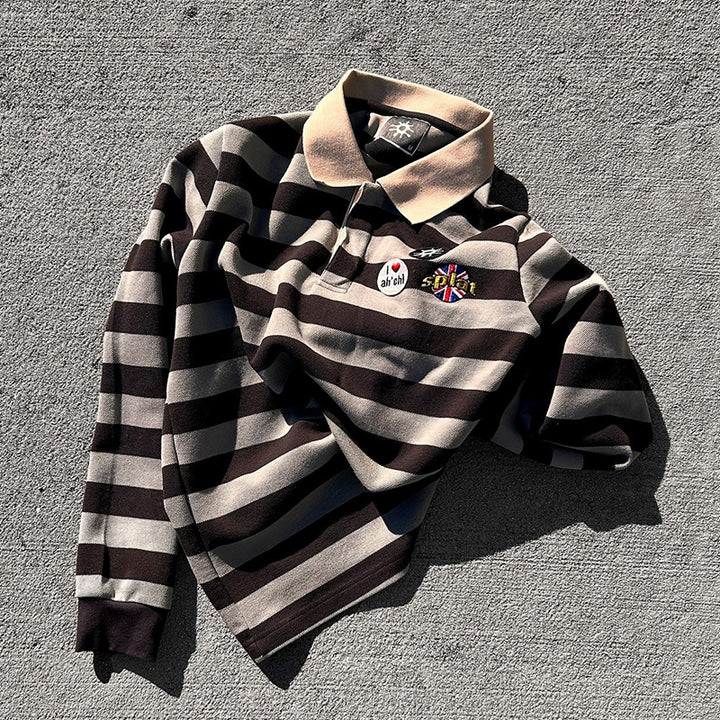 Fashionable contrast striped long-sleeved POLO shirt