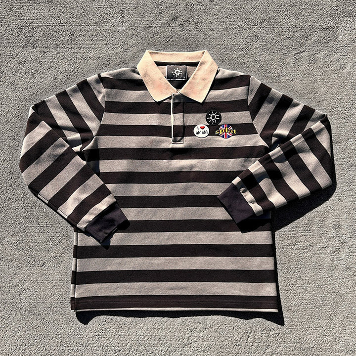 Fashionable contrast striped long-sleeved POLO shirt