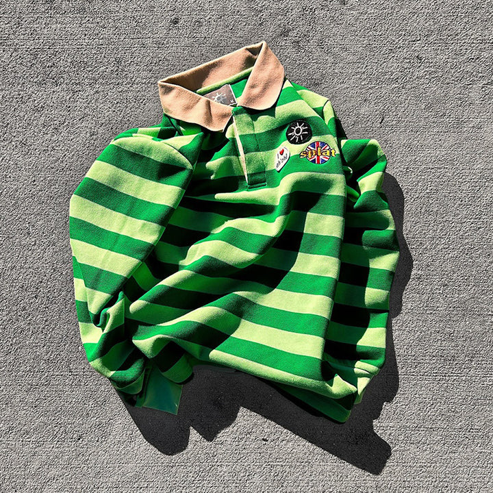 Fashionable contrast striped long-sleeved POLO shirt